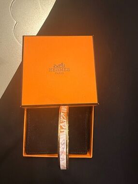 Hermes Orange and Multicolor Enamel Bangle with Gold Edges